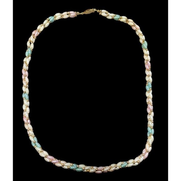 Vintage Coquette Pastel Rainbow Pearl Beaded Necklace With Gold Tone Accents - Picture 1 of 5